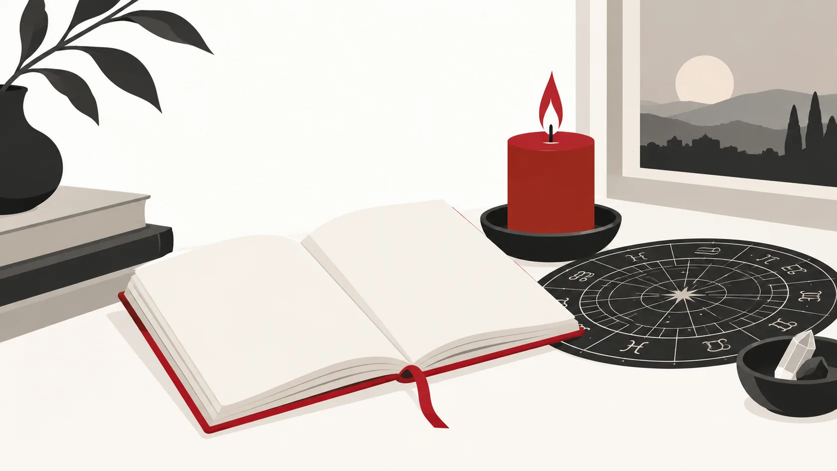 Illustration of an open notebook, zodiac wheel and lit red candle on a desk