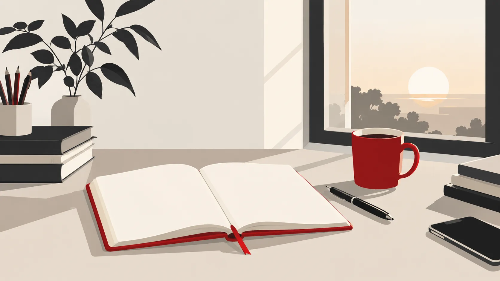 Illustration of an open notebook, pen and red mug beside a sunlit window