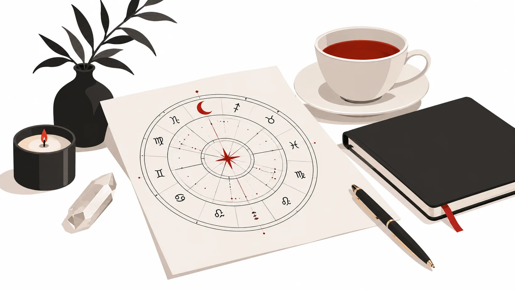 Illustration of a zodiac wheel, black notebook, pen and cup beside a candle