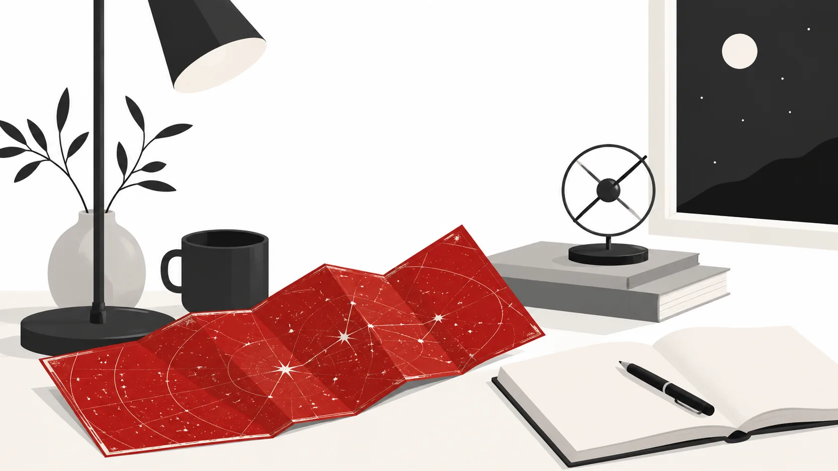 Red star map and an open notebook on a desk.
