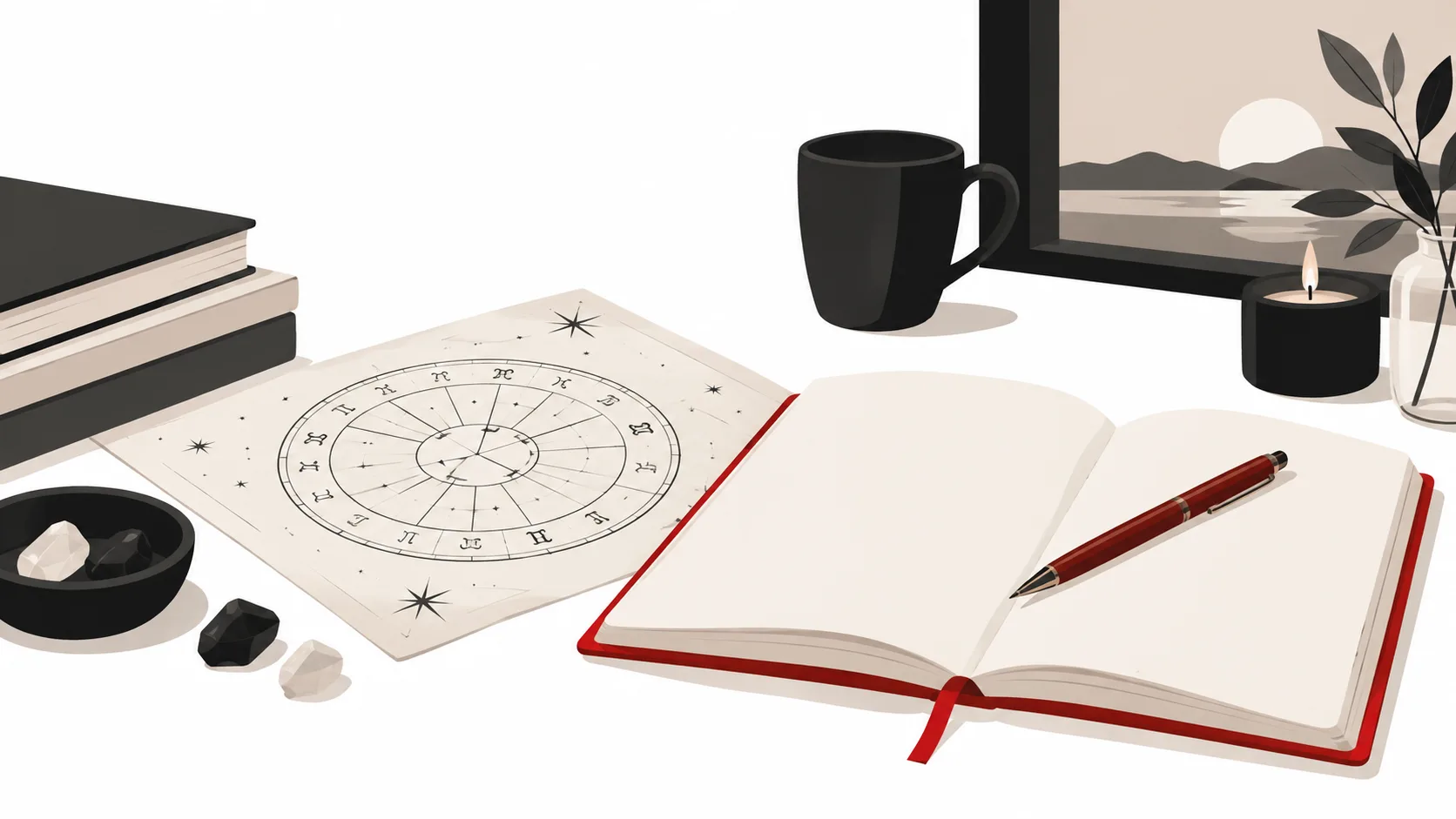 Ilustración de una carta astral, cuaderno abierto, bolígrafo rojo y taza