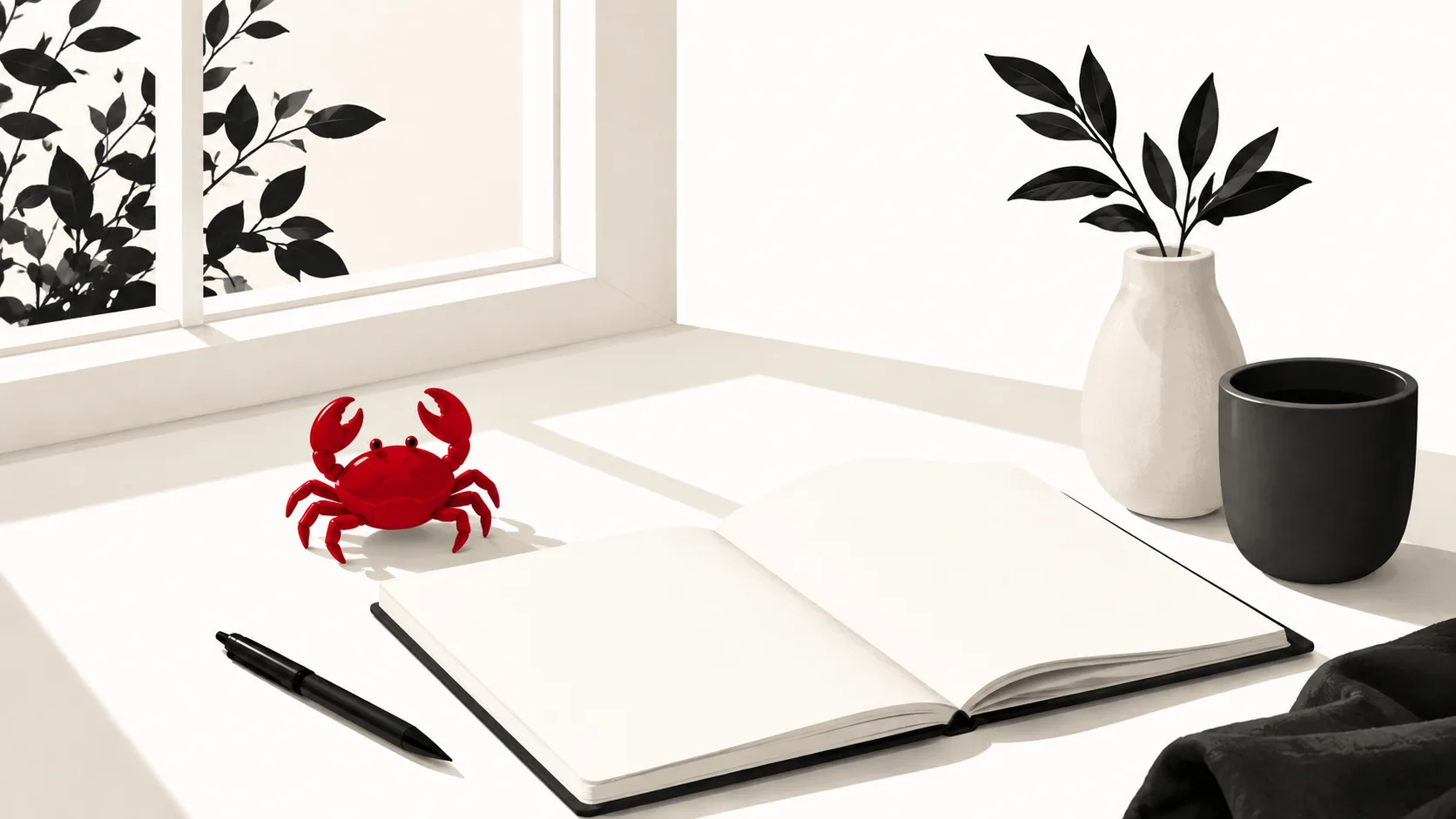 Illustration of a red crab on an open notebook beside a mug and plant