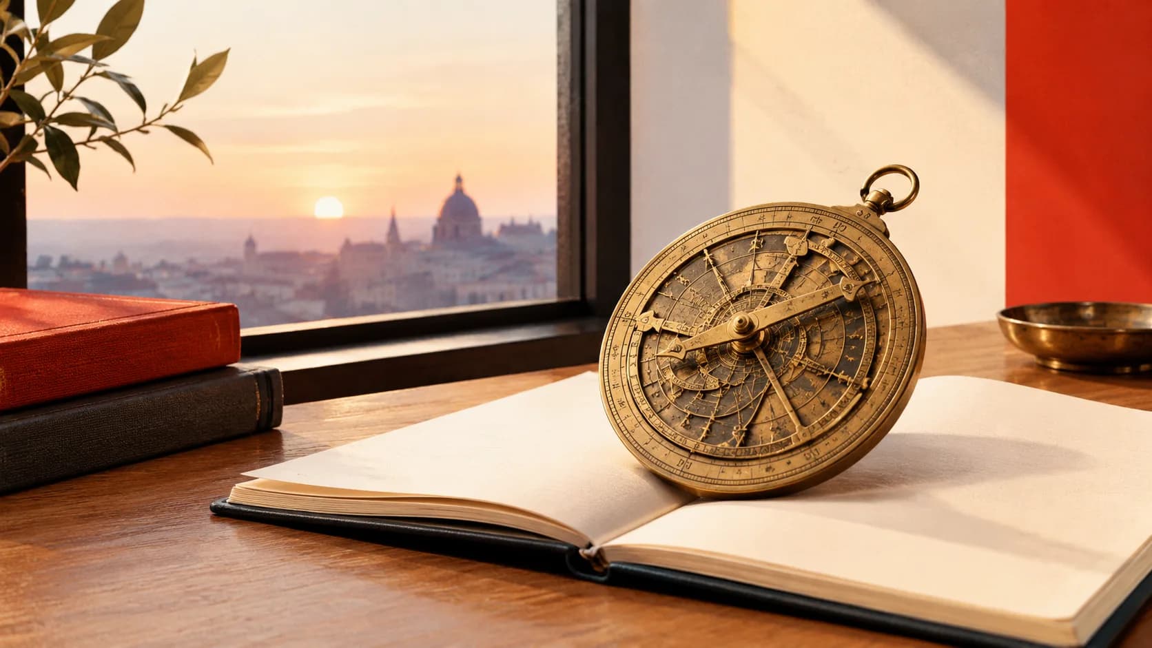 A brass astrolabe rests on an open notebook beside a window at sunset.