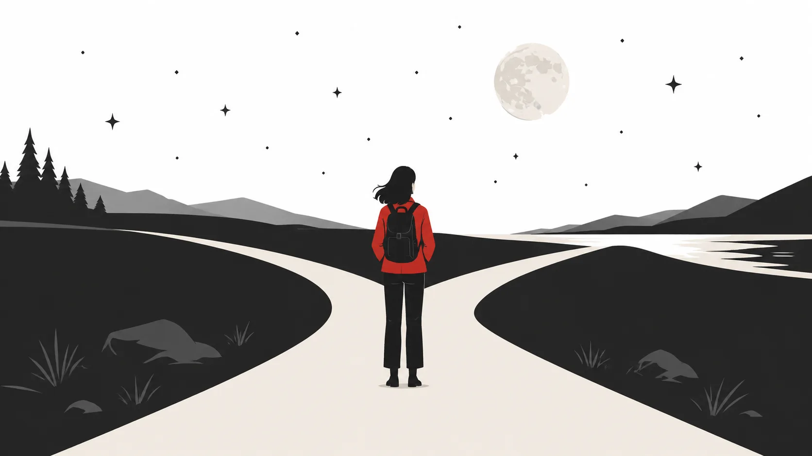 Illustration einer Person mit Rucksack vor zwei Wegen unter Mond und Sternen