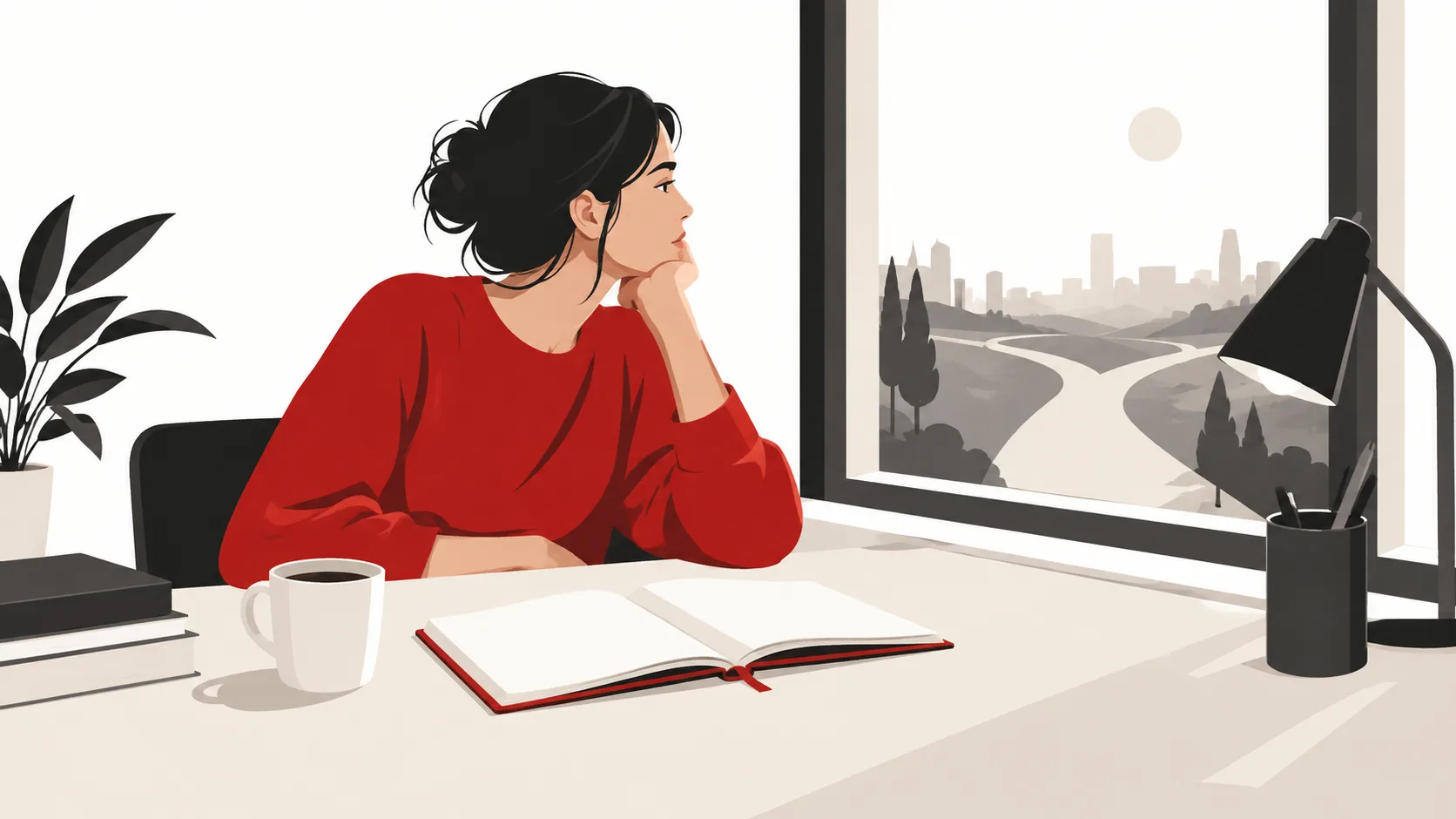 Illustration of a person at a desk looking toward a forked road outside a window