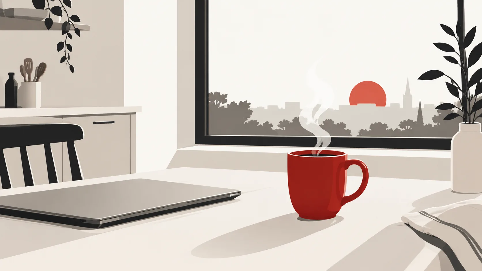 Illustration d’une tasse de café rouge et d’un ordinateur fermé près d’une fenêtre au lever du soleil