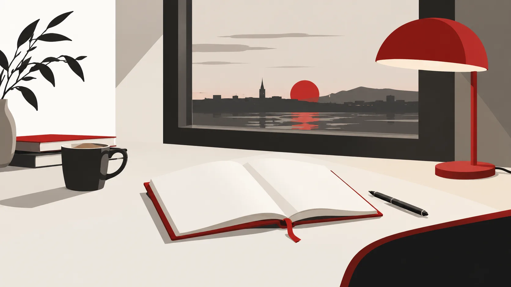 Illustration eines offenen Notizbuchs mit Stift und Tasse unter einer roten Lampe, neben einem Fenster mit Stadtblick bei Sonnenuntergang