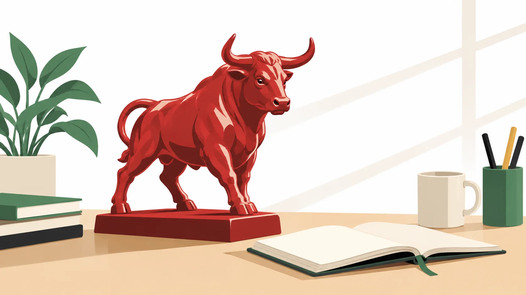 Illustration einer roten Stierstatue auf einem Schreibtisch neben einem offenen Notizbuch, Büchern und einer Pflanze