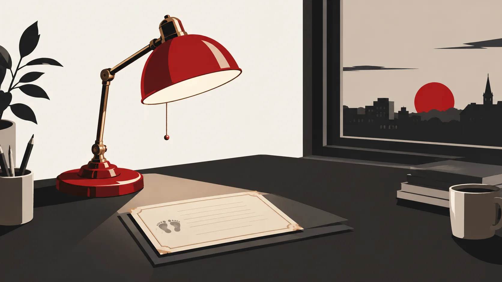 Illustration d’un document de naissance sous une lampe rouge, avec un coucher de soleil sur la ville