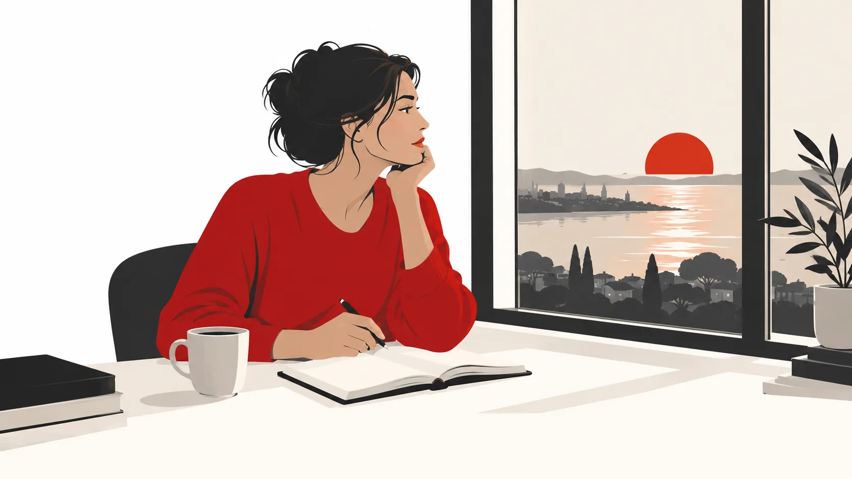 Illustration einer Frau mit Notizbuch am Fenster mit Blick auf eine Stadt bei Sonnenuntergang