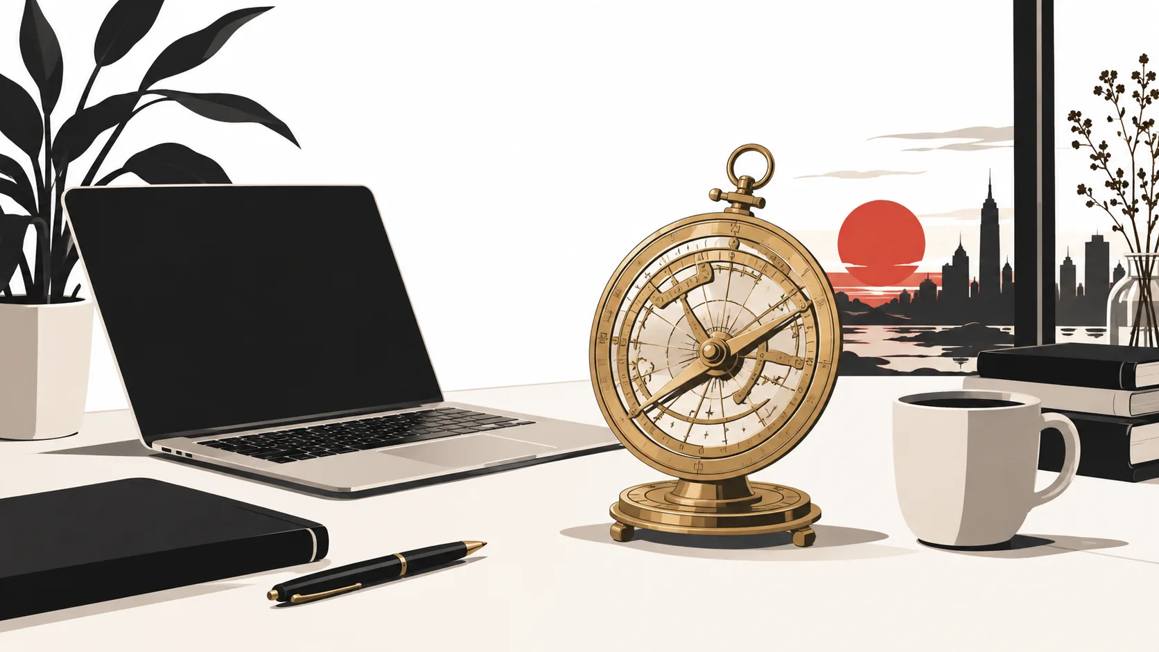 Illustration eines astronomischen Messinstruments aus Messing neben Laptop, Notizbuch und Kaffeetasse