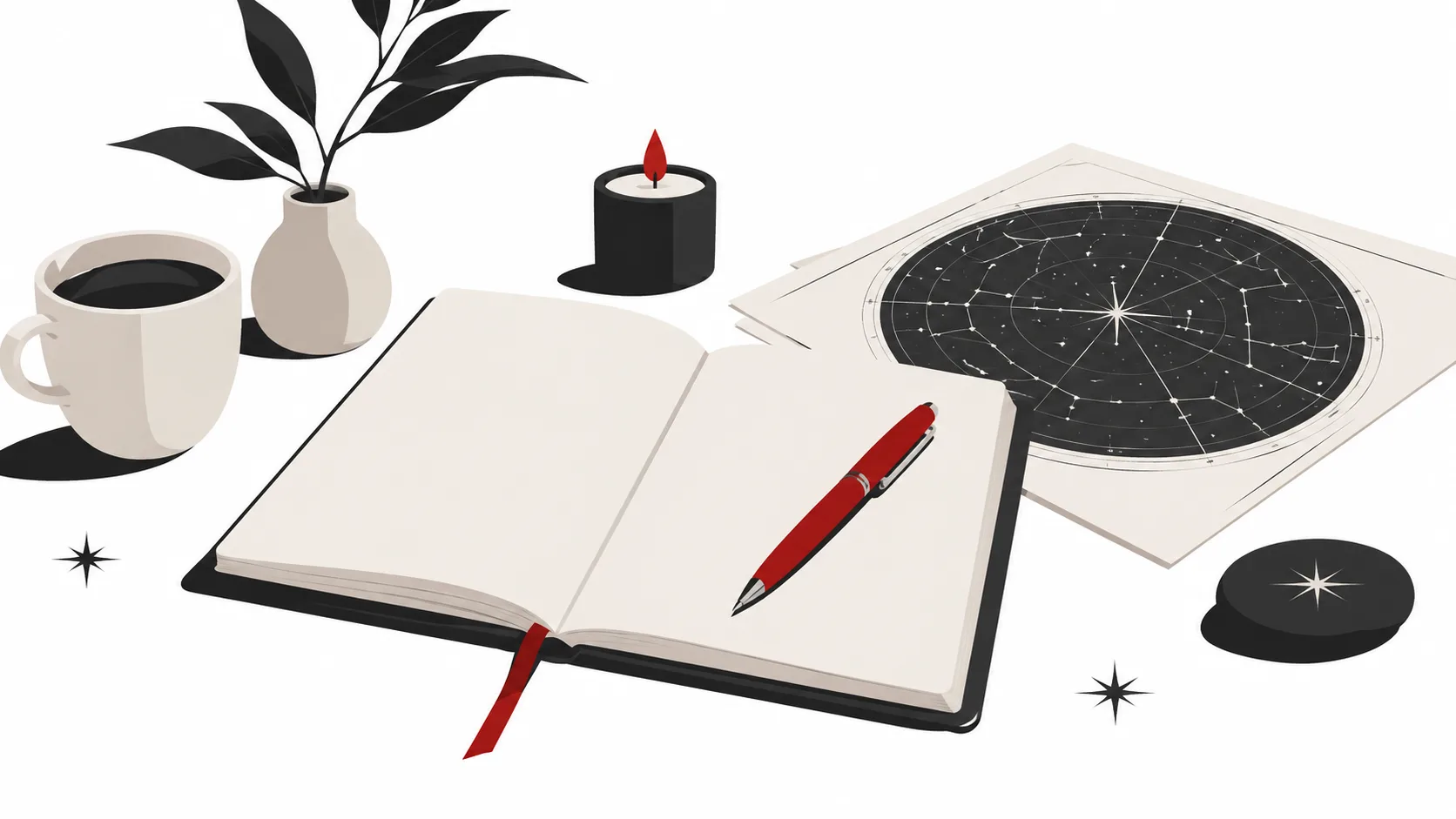 Illustration of an open notebook, red pen, star chart, coffee and candle