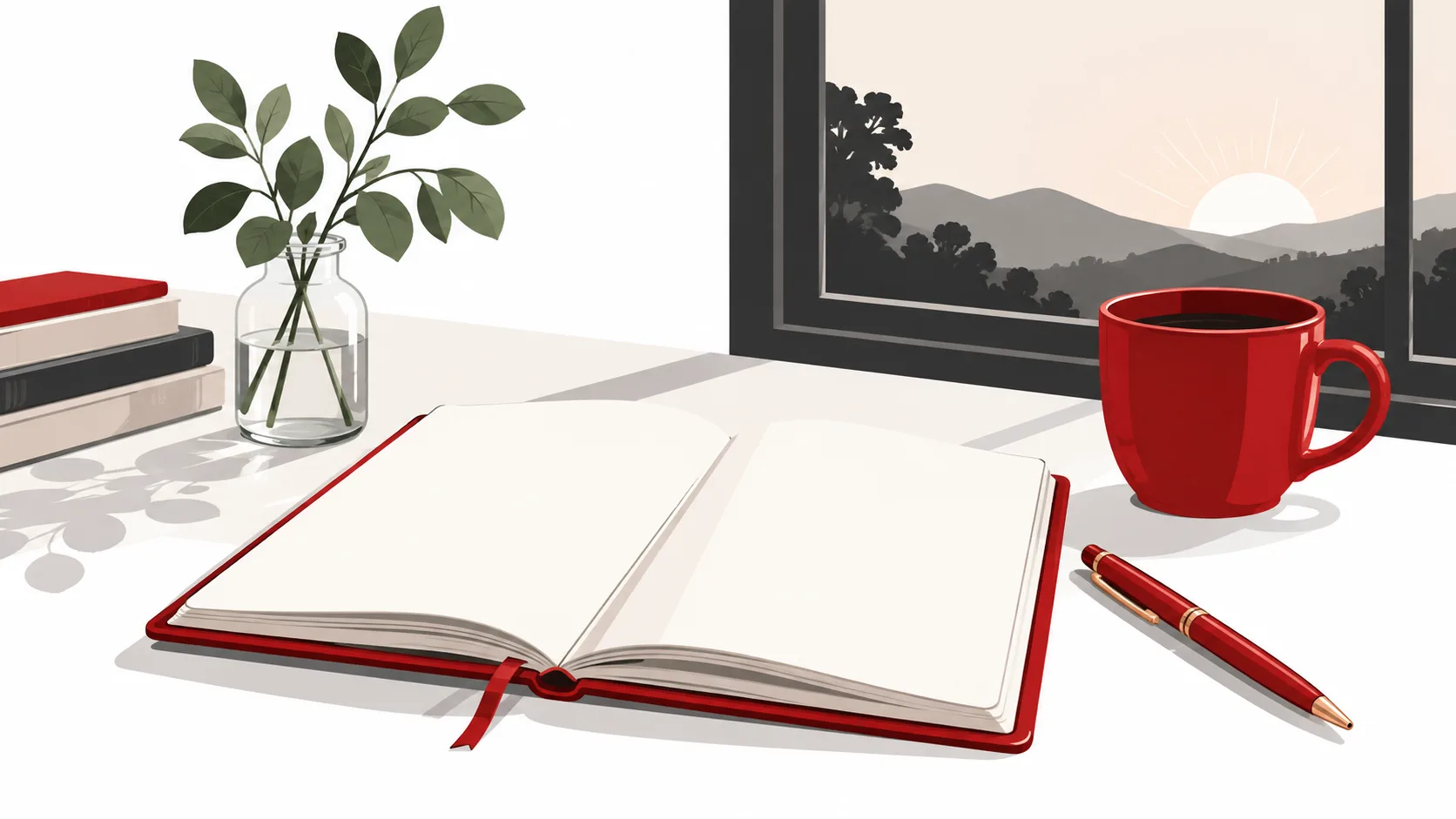 Ilustração de caderno aberto, caneta vermelha, caneca e planta junto a uma janela