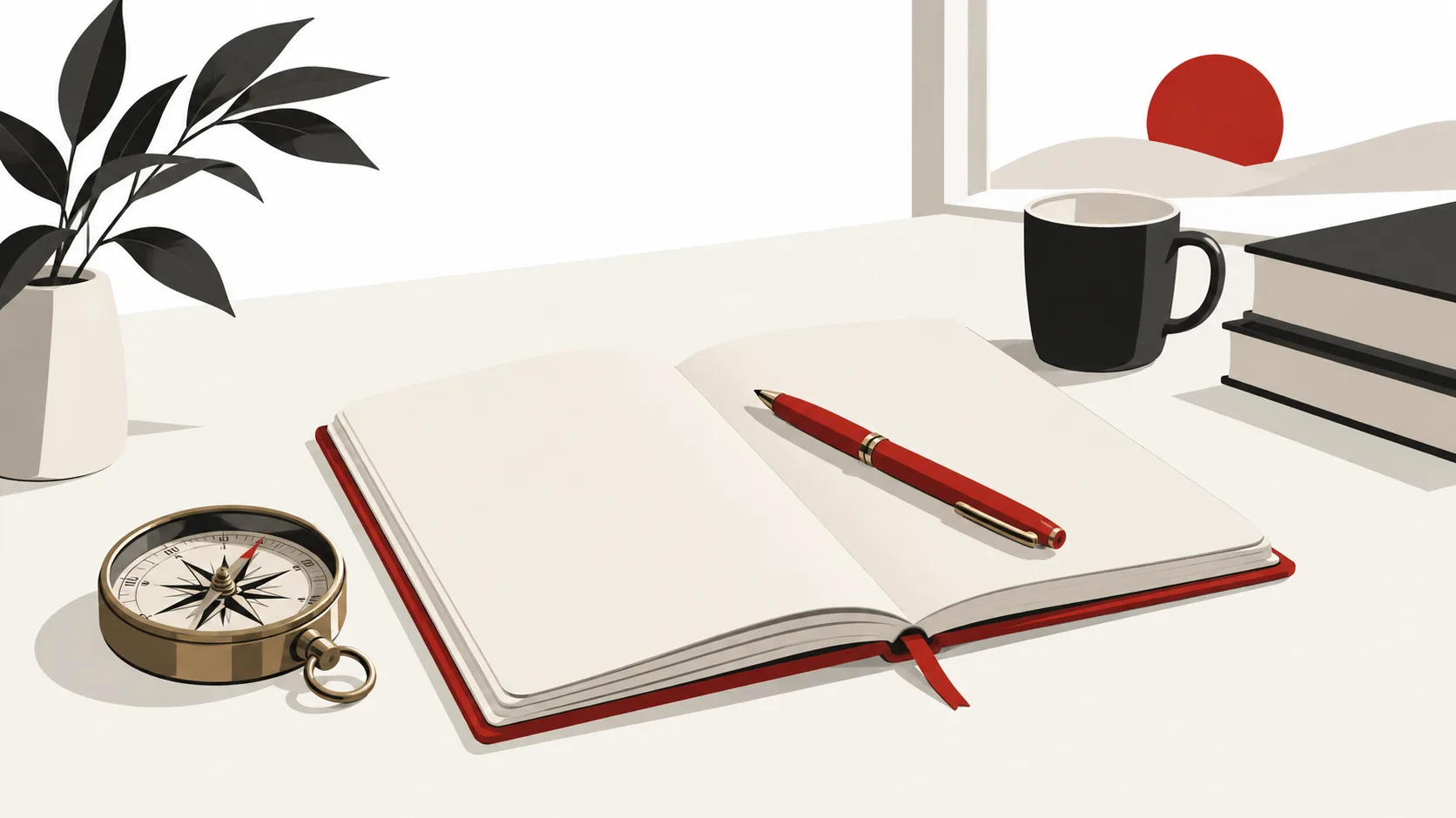 Illustration of an open notebook, red pen and compass on a desk with books and a cup