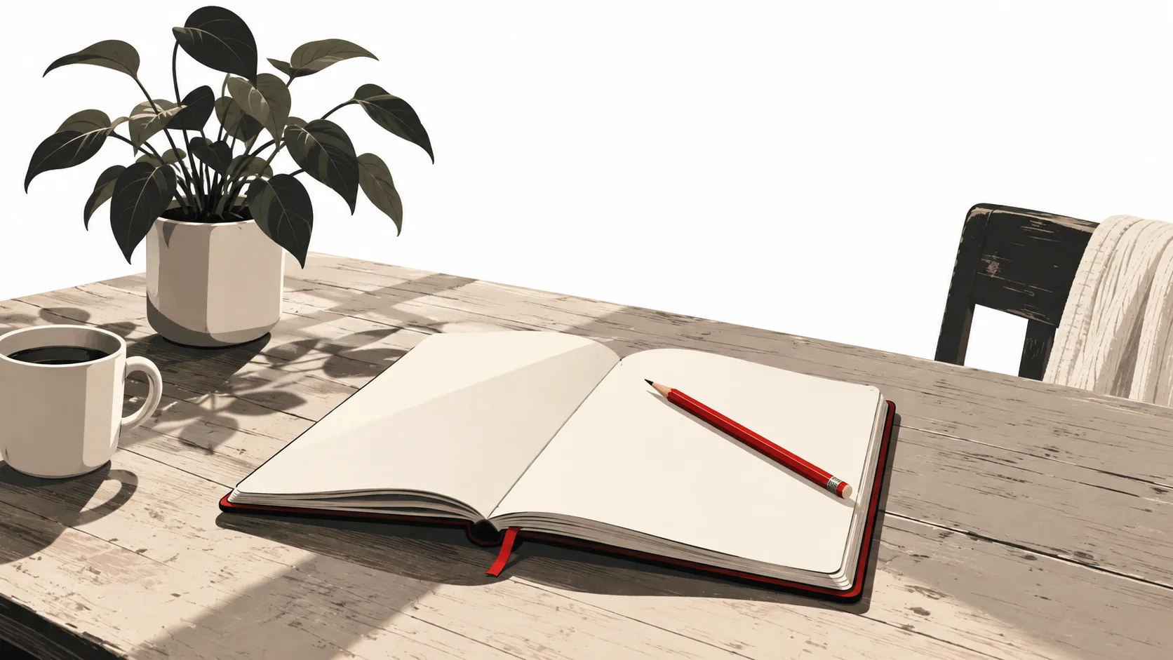 Illustration of an open notebook and red pencil on a wooden table beside a mug and plant