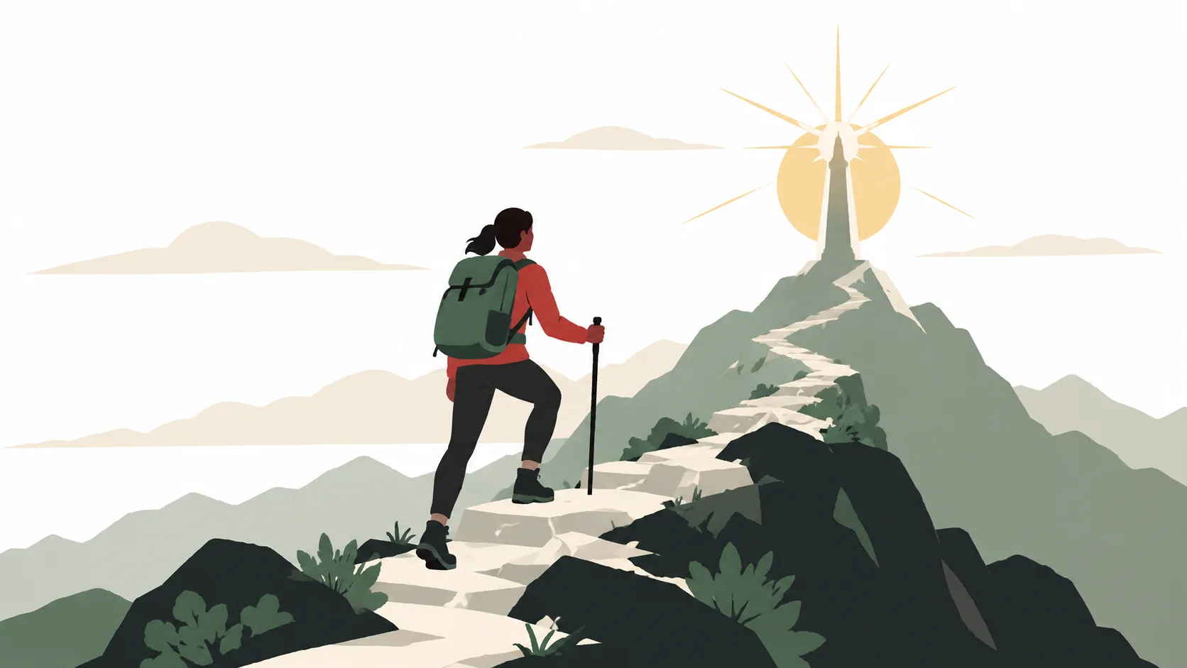 Illustration einer Person mit Rucksack und Wanderstock auf Bergstufen in Richtung eines goldenen Lichts