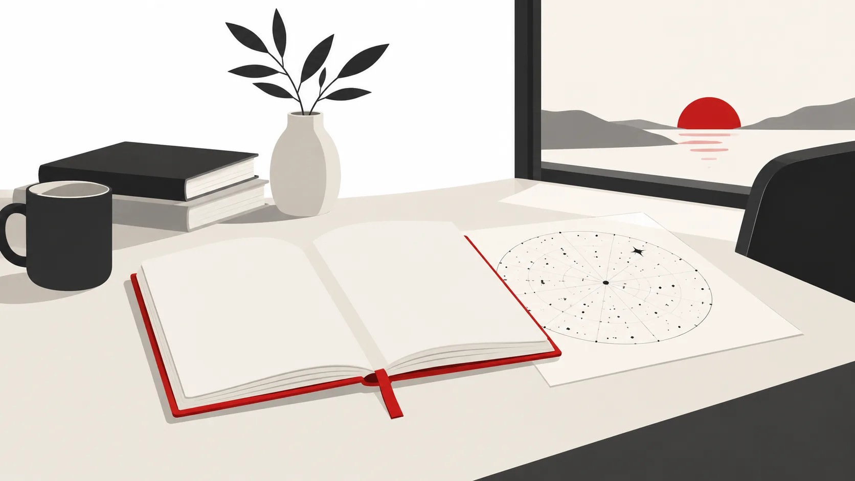 Illustration of an open notebook and star chart on a desk by a window with a red sun
