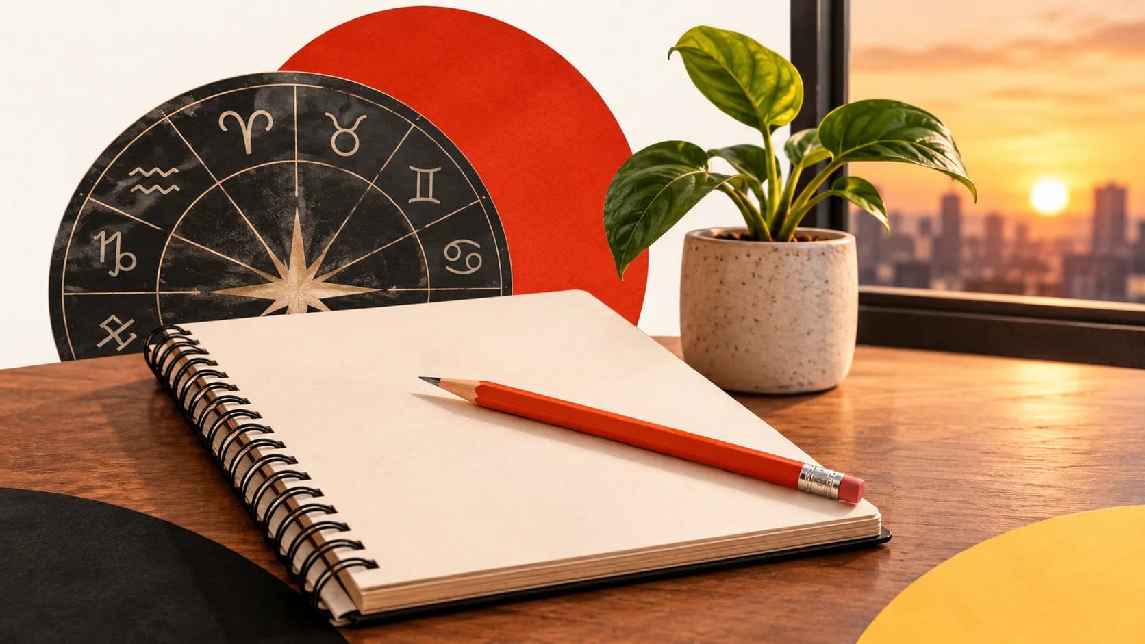 Un cuaderno y un lápiz rojo junto a una rueda del zodiaco y una planta sobre un escritorio