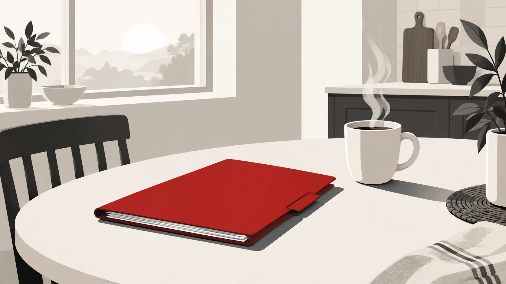 Illustration of a red document folder and steaming mug on a kitchen table