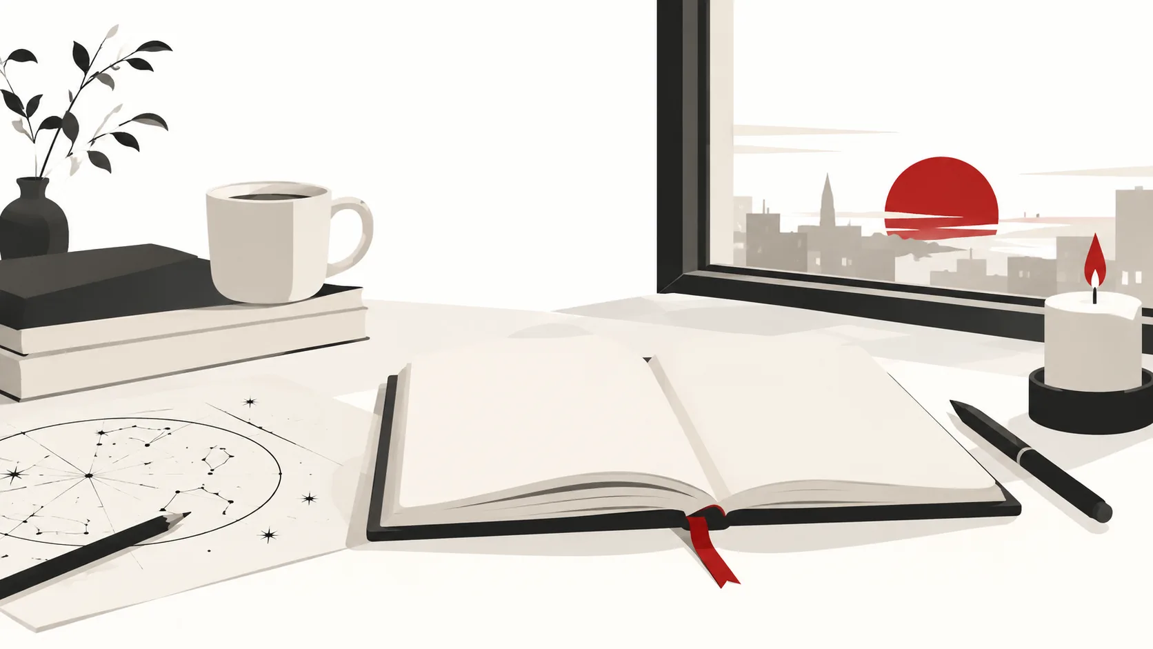 Illustration of an open notebook, star chart, cup and candle beside a window with a red sun